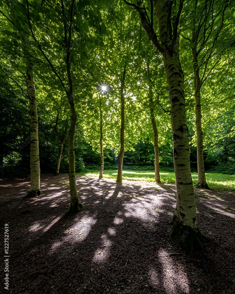 Sunlit Birch Grove Park Pathway Sunlit Birch Grove Park Pathway