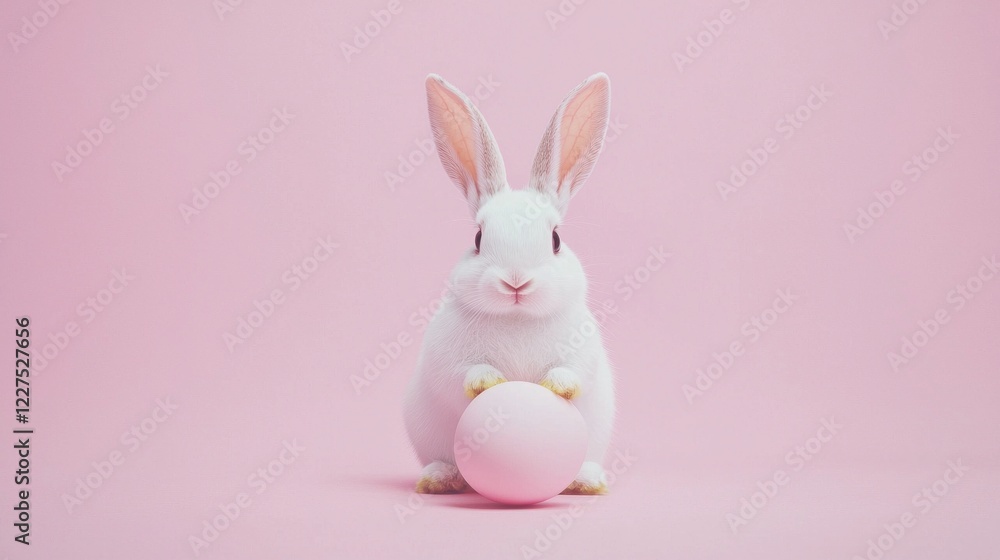 Obraz premium A white rabbit is standing in front of a pink background holding a pink egg