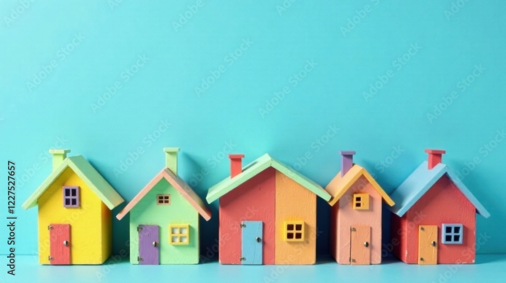Vibrant miniature houses in a row against a bright backdrop, symbolizing community, homeownership, and neighborhood development Vibrant miniature houses in a row against a bright backdrop, symbolizing community, homeownership, and neighborhood development