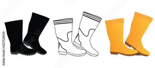Rubber boots icon with three types,rubber boots silhouette,outline and yellow. Isolated on white background.safety while working,building equipment,