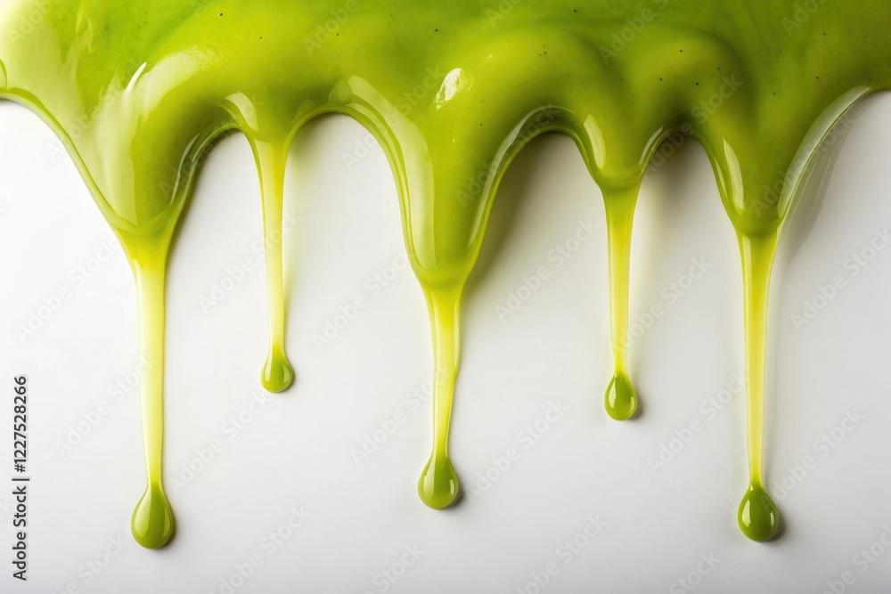 Naklejka premium Slow dripping olive green slime on a clean white surface creating a slimy texture, olive-green, artistic-expression, slimy-texture, slime-pat, geometric-pattern