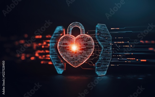 Cybersecurity Heart concept. A digital heart lock symbolizing secure love and relationships, illuminated with glowing lines and particles, representing technology and protection.