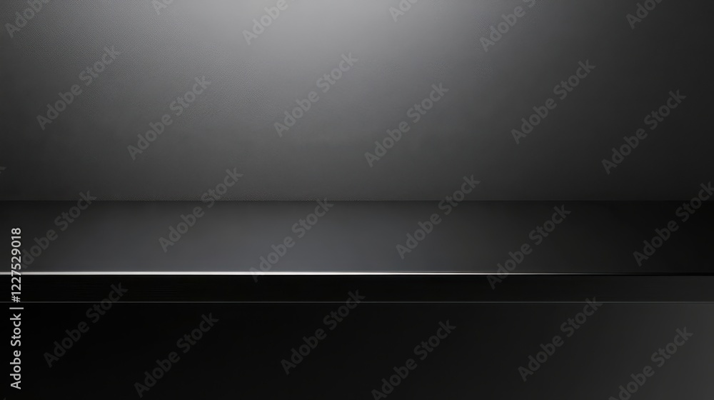 Realistic mockup of black steel countertop with empty shelf and spotlight Realistic mockup of black steel countertop with empty shelf and spotlight