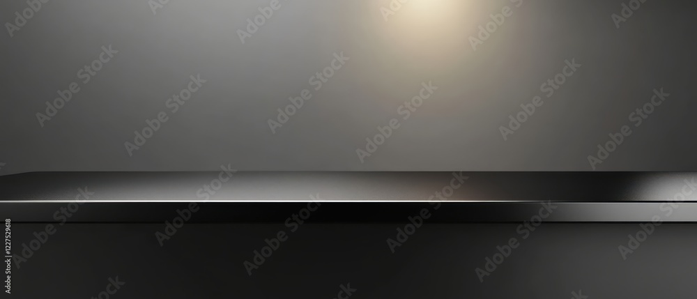 Realistic mockup of black steel countertop with empty shelf and spotlight Realistic mockup of black steel countertop with empty shelf and spotlight