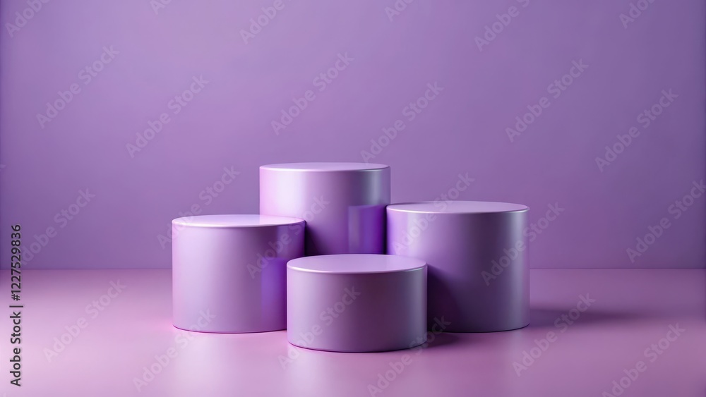 Stands with four violet cylindrical stands on light purple background for product showcasing, showcasing Stands with four violet cylindrical stands on light purple background for product showcasing, showcasing