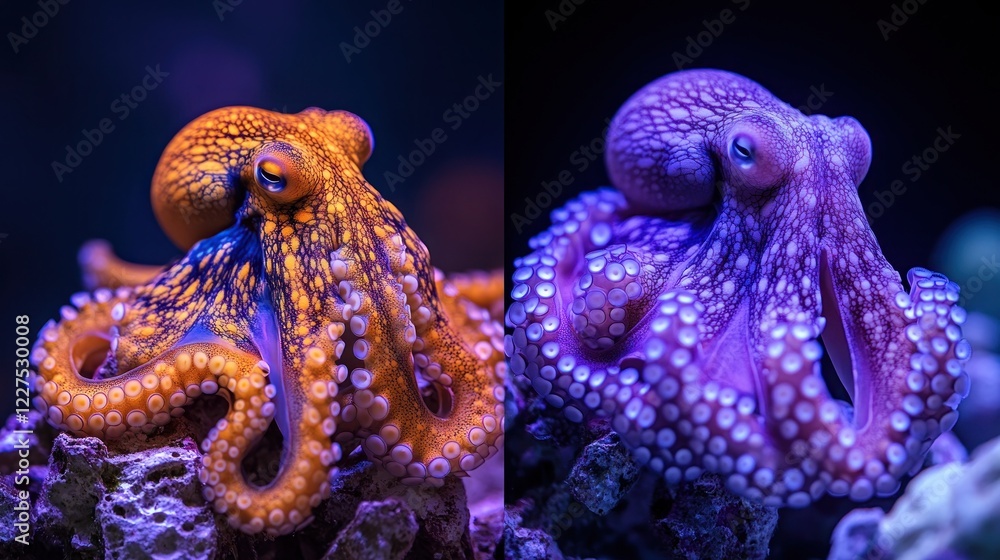 Obraz premium Two octopuses, one orange, one purple, on rocks.