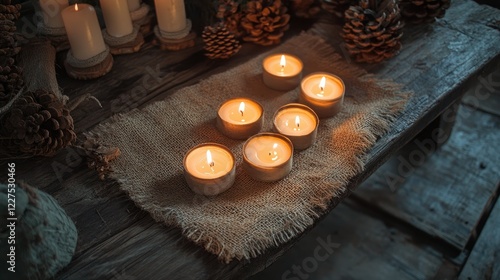 Flickering candles on a wooden surface, surrounded by natural decor like pinecones and burlap for a rustic, tranquil feel photo