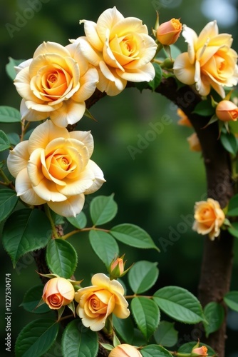 Pastel yellow orange blooms on double climber rose Alchymist flowers, garden, floral, arch photo