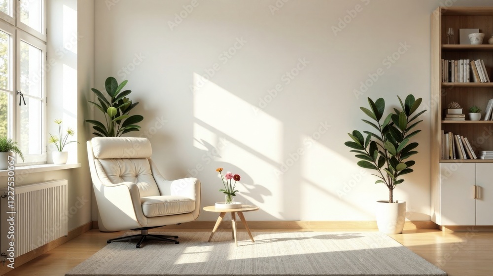 Fototapeta premium Serene Living Room with Cream Armchair, Sunlight Streaming Through Window, and Potted Plants