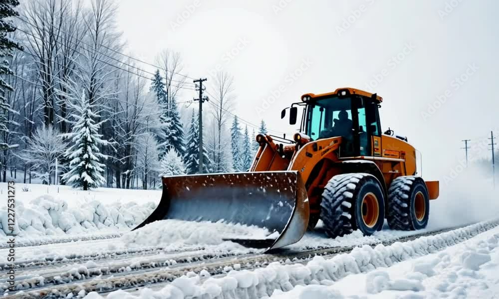 a bulldozer pushing snow on the road in winter a bulldozer pushing snow on the road in winter