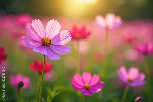 Delicate cosmos blossoms in vibrant garden, sunlight dappled petals , autumn, petals