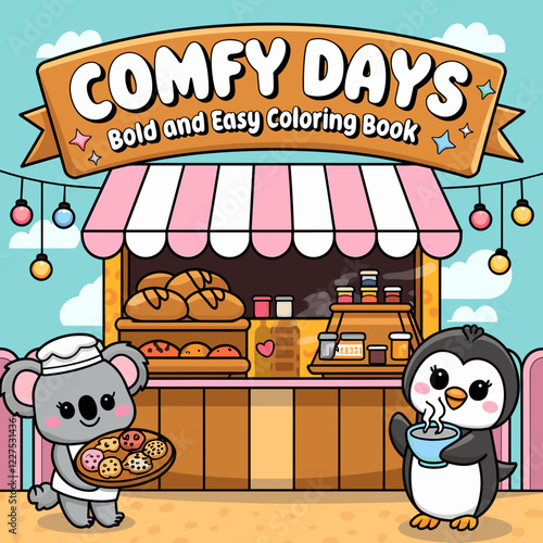 cute coloring book cover, cover, cute kids illustration, cartoon cover, cartoon illustration, kawaii coloring, easy and bold, kawaii cover, cozy, cozy cover, fuzzy, hygge, coloring pages, adult colori