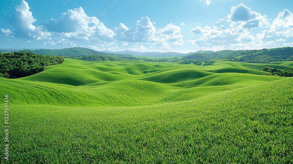 Naklejka premium Rolling green hills, sunny day, Tuscany landscape, pastoral scene, travel brochure