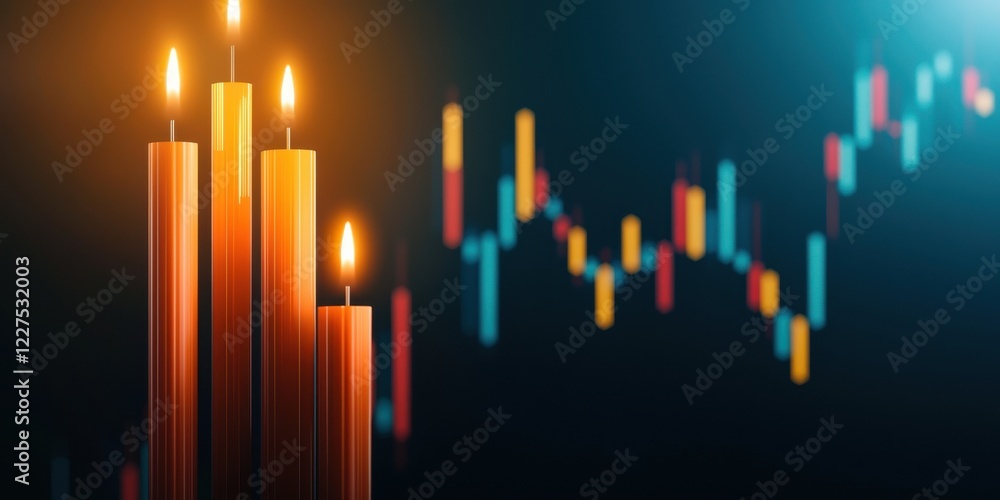Obraz premium A close-up of colorful candles beside a financial chart, illustrating the interplay between candle patterns and market trends.