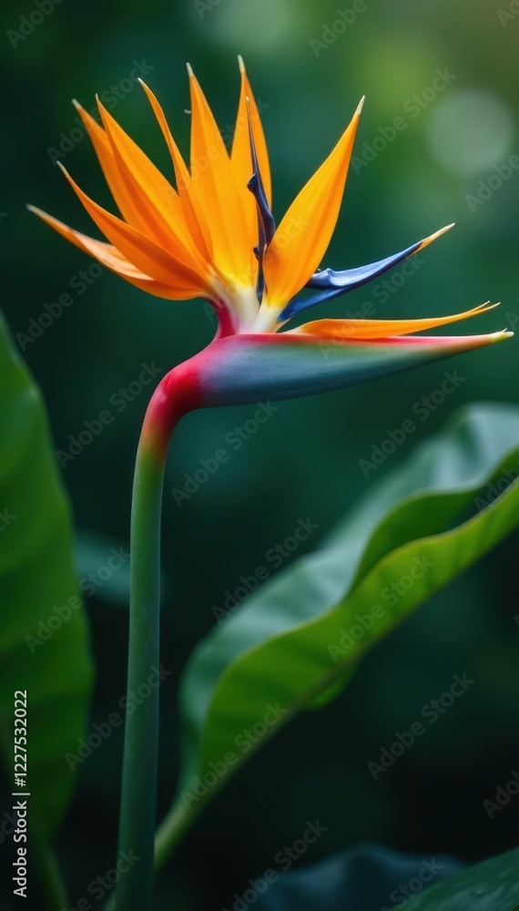 Obraz premium Giant bird of paradise flower,broad banana leaves , macro, exotic flower