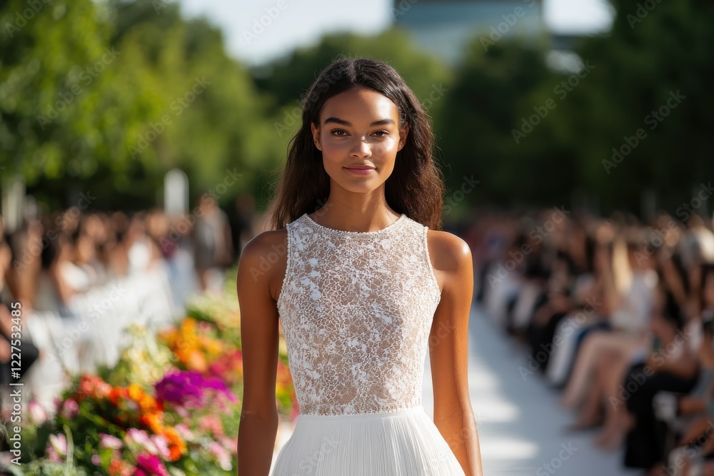 A stunning model walks gracefully down the runway, showcasing a beautiful lace wedding dress, surrounded by an audience captivated by her elegance and poise. A stunning model walks gracefully down the runway, showcasing a beautiful lace wedding dress, surrounded by an audience captivated by her elegance and poise.