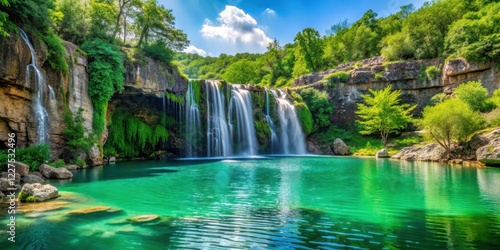 View of tranquil Green Lake with a stunning waterfall cascading down a rocky cliff, riverine landscape, serene scenery