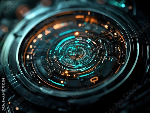 A futuristic, intricate circular design with glowing elements, showcasing a blend of technology and digital aesthetics.