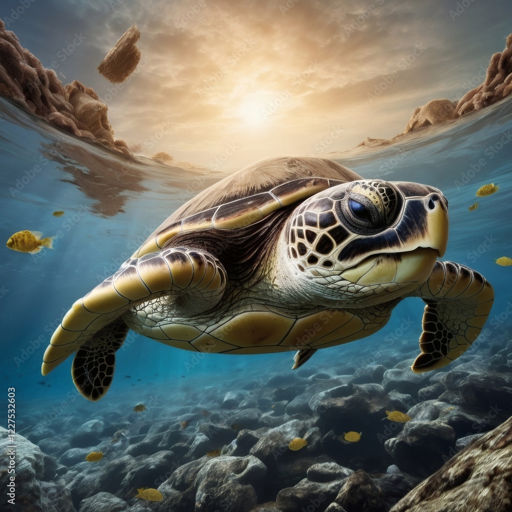 Fototapeta premium Turtle gliding through the water. endangered animals