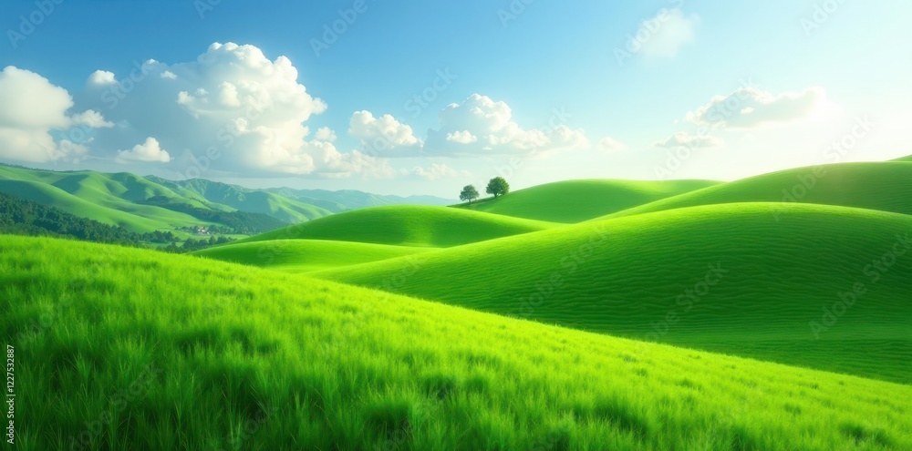 Rolling hills of emerald grass, peaceful scene , sunlight, farmland Rolling hills of emerald grass, peaceful scene , sunlight, farmland