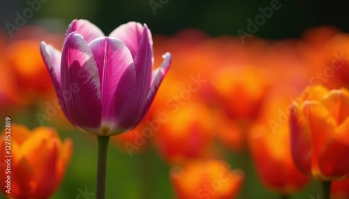 Purple and white tulip stands out in a sea of orange , nature, contrast