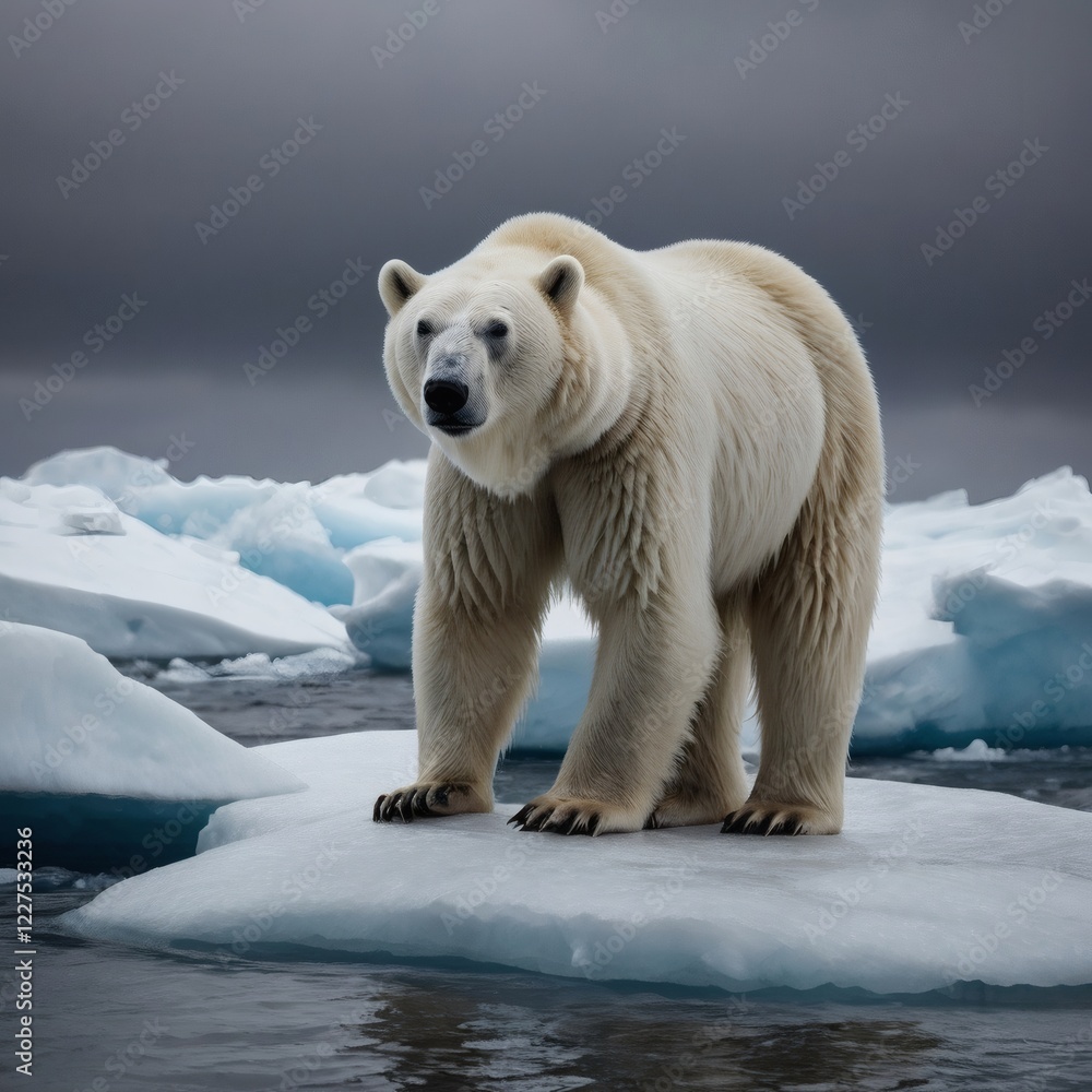 Fototapeta premium Polar bear in the arctic stands on shrinking, melting polar ice caps