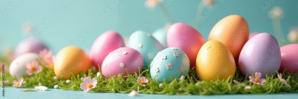 A mound of glossy, pastel Easter eggs, various designs , easter eggs, texture A mound of glossy, pastel Easter eggs, various designs , easter eggs, texture