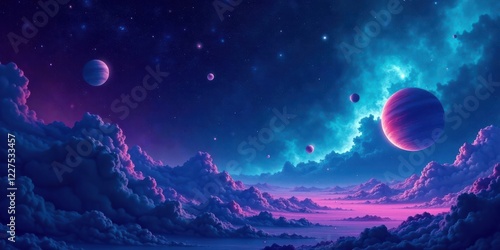 Wallpaper Mural Celestial Cloudscape A Dreamlike Panorama of Planets and Cosmic Nebulae Across a Vast, Purple and Teal Sky Torontodigital.ca