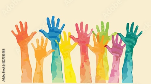Diverse Group of Eight People Holding Hands Up in Unity
