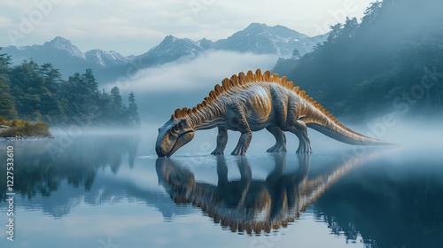 Saurolophus osborni belonging the Hadrosauridae family drinking from a calm lake during the Late Cretaceous period surrounded by misty mountains photo