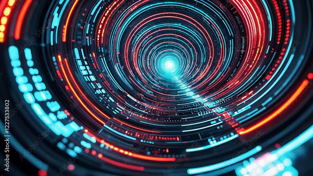 Abstract digital tunnel with glowing red and blue light trails spiraling into a bright center
Abstract digital tunnel with glowing red and blue light trails spiraling into a bright center