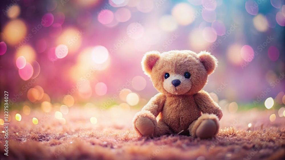 Fototapeta premium Adorable Bear Doll Miniature, Pink Background, Tilt-Shift Photography