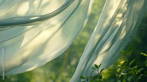 Light fabric curtains swaying softly with a garden full of greenery blurred in the background, peaceful setting, no people