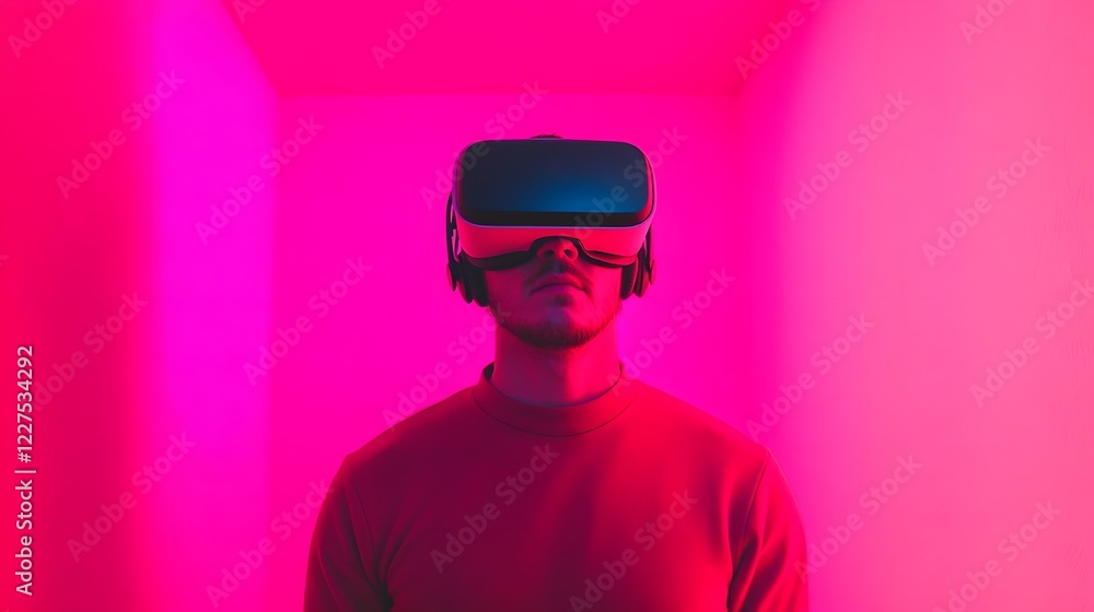 Man Exploring Immersive Virtual Reality in Bright Modern Room Man Exploring Immersive Virtual Reality in Bright Modern Room