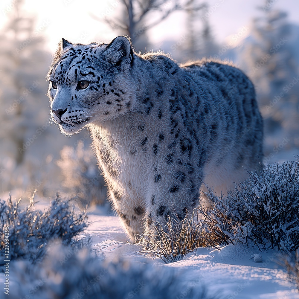 Obraz premium Snow Leopard Portrait Majestic Feline Gazing Right Regal Snow Cat Artistic Rendering of Leopards Gentle Eyes