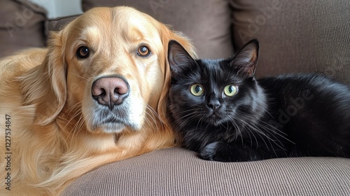 A golden retriever and a small black cat peacefully lay together, their close bond reflected in their calm expressions. They are in a deep, loving connection. photo