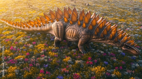 Stegosaurus stenops the Stegosauridae family grazing in a meadow filled with blooming wildflowers during the Late Jurassic period with plates glowing softly under morning light photo