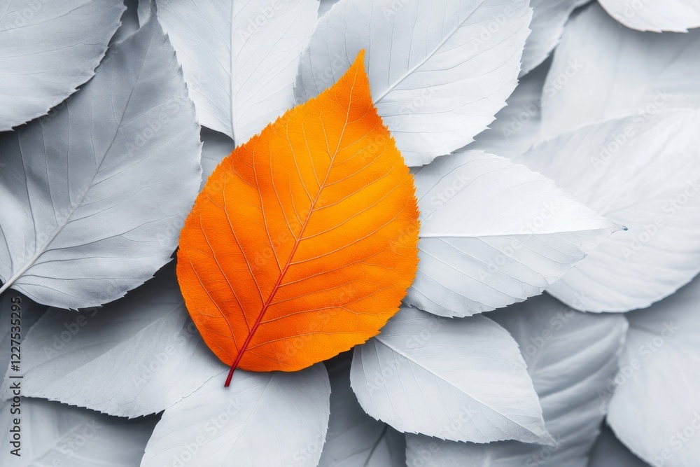 A stylized flat design of a single bright leaf standing out among a series of uniform gray leaves, emphasizing natural distinction A stylized flat design of a single bright leaf standing out among a series of uniform gray leaves, emphasizing natural distinction