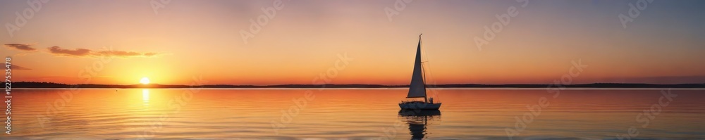Obraz premium sailboat on lake Neusiedl amidst a peaceful sunset, trees, reflection