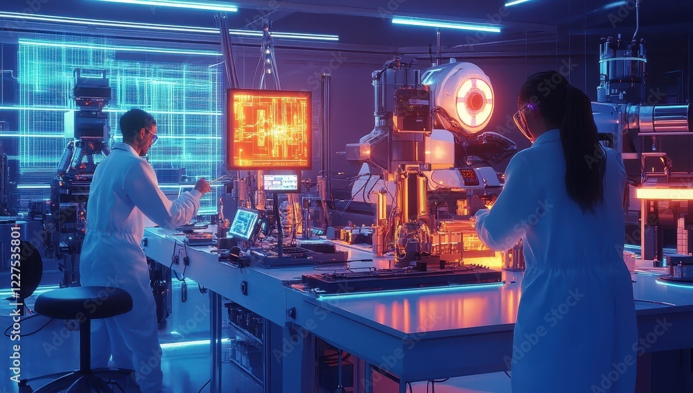 Data analysts collaborate in a high-tech laboratory setting during a research project in a neon-lit environment Data analysts collaborate in a high-tech laboratory setting during a research project in a neon-lit environment
