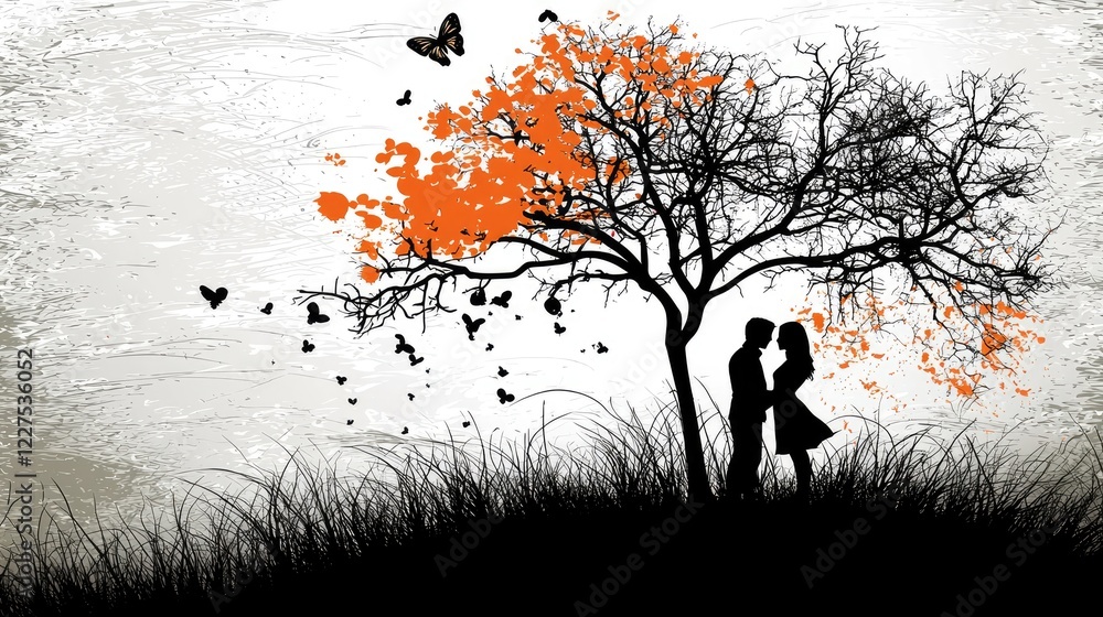 Couple kissing under tree, autumn leaves, butterflies, textured background; romance concept Couple kissing under tree, autumn leaves, butterflies, textured background; romance concept