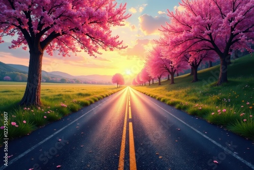 Wallpaper Mural Long shadow-streaked asphalt road cuts through blossoming spring landscape under evening sky , shadow, road Torontodigital.ca