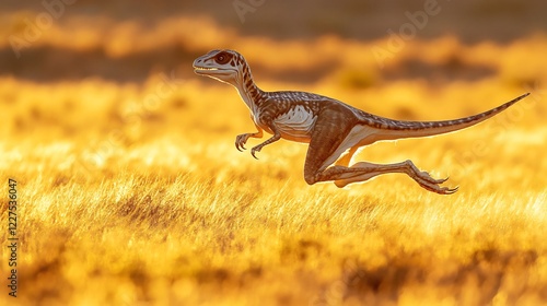 Struthiomimus altus the Ornithomimidae family sprinting across a sunlit field during the Late Cretaceous period with long shadows stretching on golden grass photo