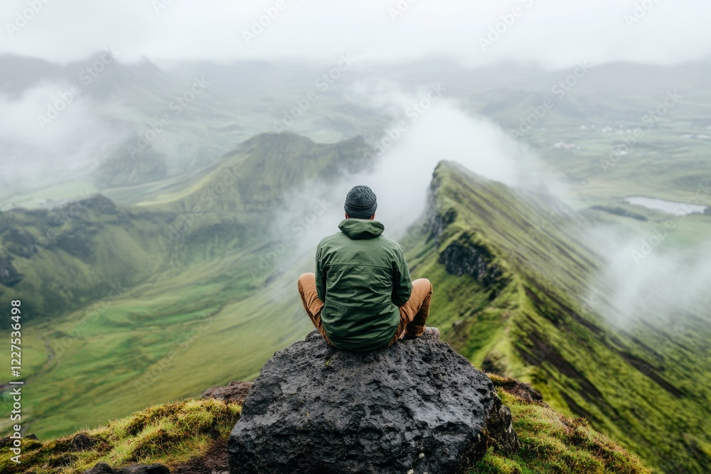 A tired hiker sitting on a rock, looking at a steep incline ahead, symbolizing a setback in their journey A tired hiker sitting on a rock, looking at a steep incline ahead, symbolizing a setback in their journey