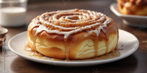 Wallpaper Mural Round plate filled with a fluffy, golden-brown cinnamon bun, topped with a crunchy sugar topping and drizzled with a sweet glaze, pastry, glazed pastry Torontodigital.ca