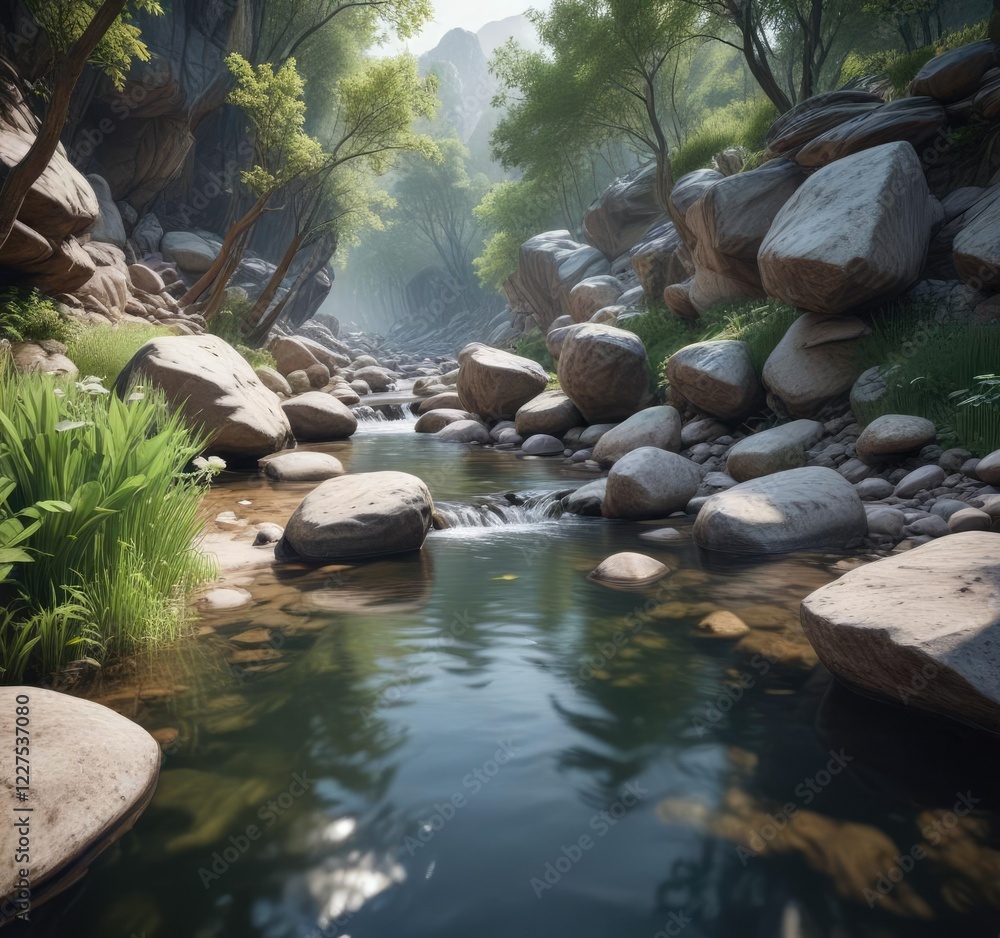 Rock formations in the background of a serene stream , shadows, mountains