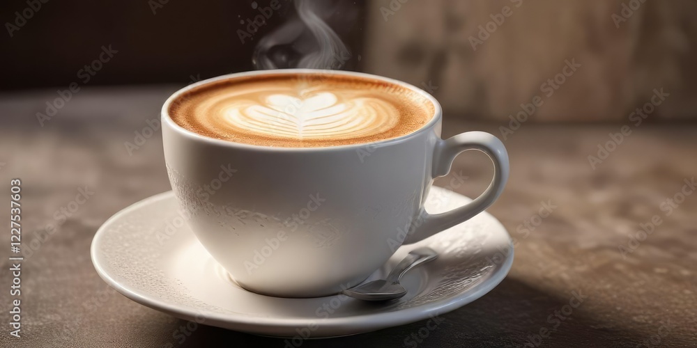 Richly textured photo of a ceramic coffee cup containing a velvety-smooth frothy cappuccino, texture, velvet, coffee cup