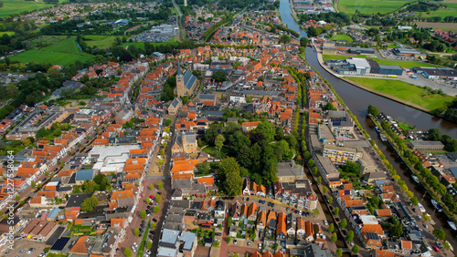 A wide aerial panorama view of the old  harbor town of the city Franeker on a sunny summer day in the Netherlands photo