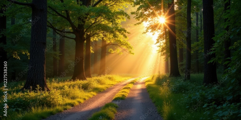 Obraz premium Golden Sunlight Illuminates a Serene Forest Path at Dawn, Casting Long Shadows and Bathing the Lush Greenery in a Warm, Magical Glow