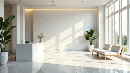 Serene Minimalist Reception Area with Sunlight Streaming Through Large Windows and Lush Greenery